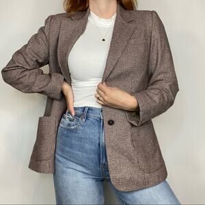 Vintage 80s Silk & Wool Neutral Tan Navy Burgundy Houndstooth Blazer Jacket